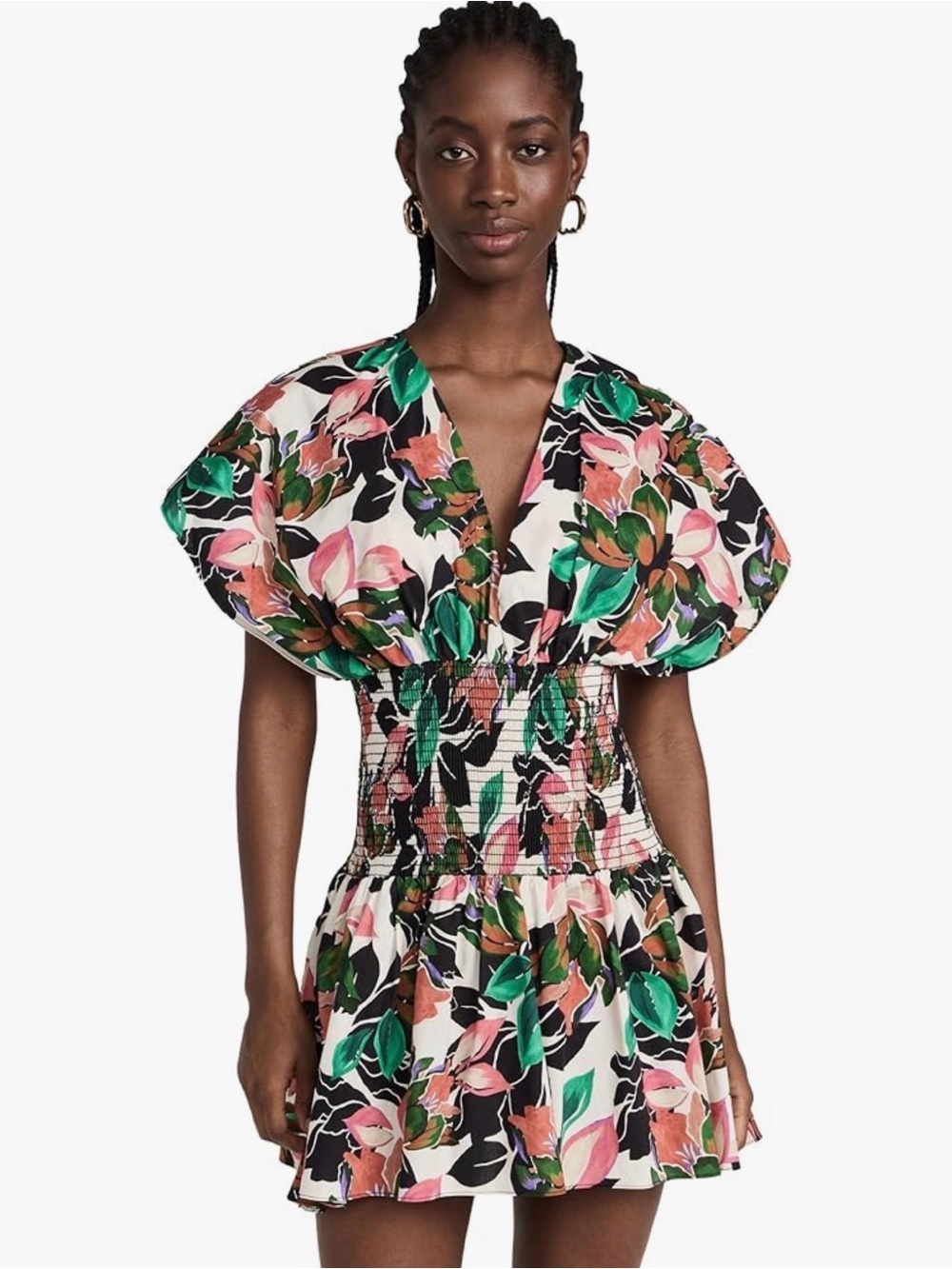 MISA Della Dress, Las Palmas, Floral Puff Sleeve Smocked Waist Mini Dress, S NWT